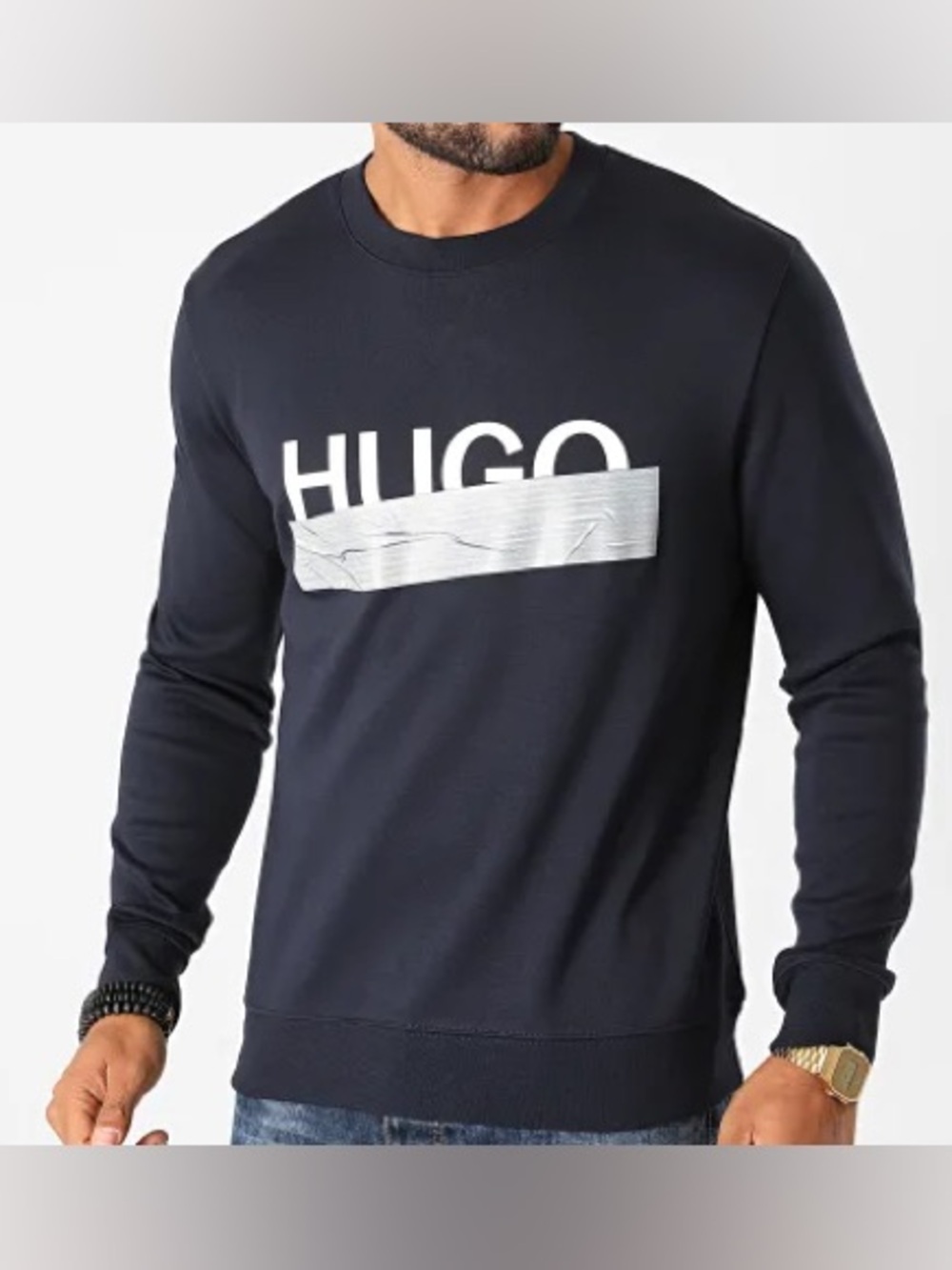 HUGO Black Crewneck Sweatshirt with White Logo and Silver Detail